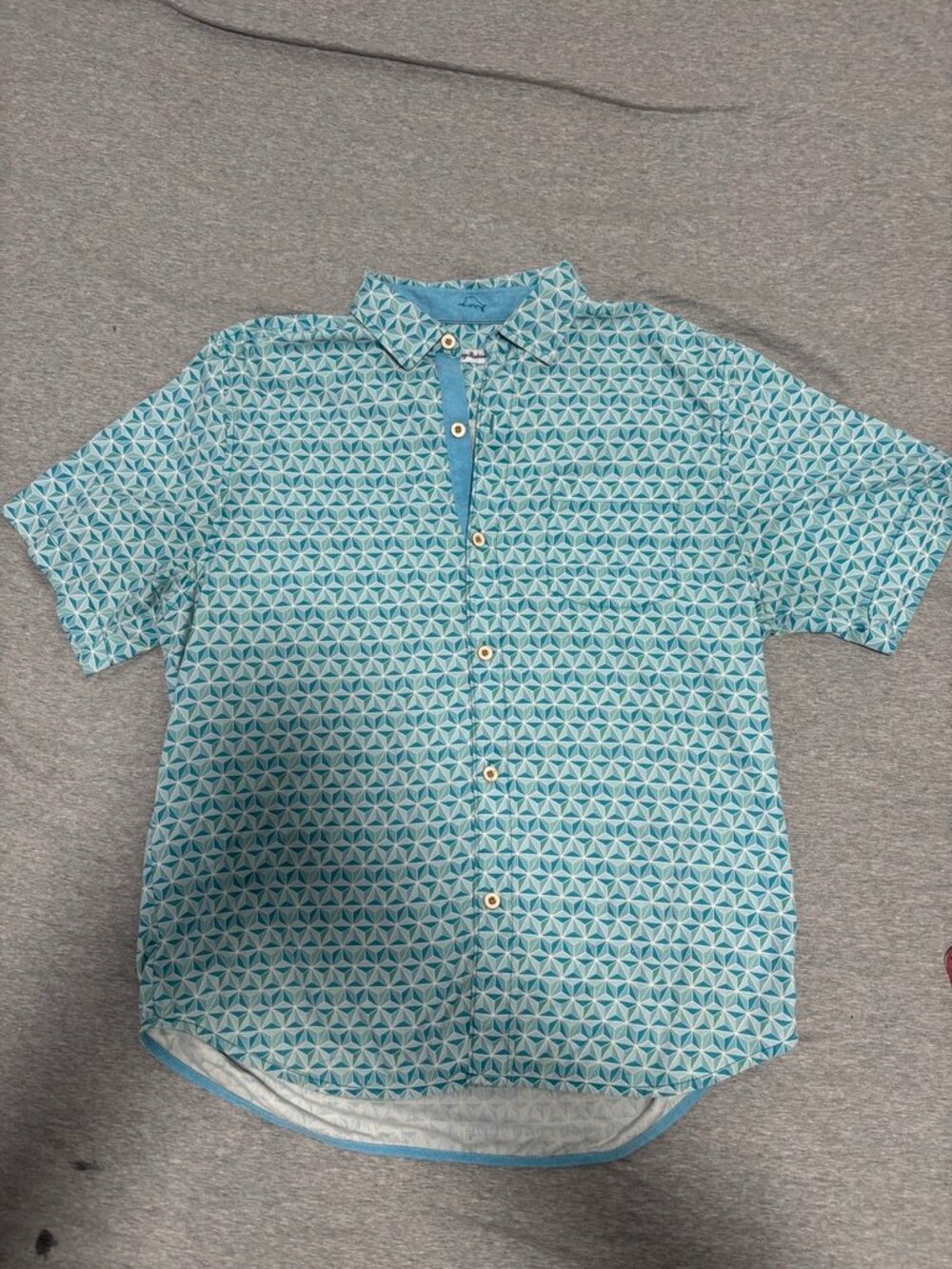 Tommy Bahama Men L Silk CoolMax Tropical Resort Button Down Aqua Geometric Shirt